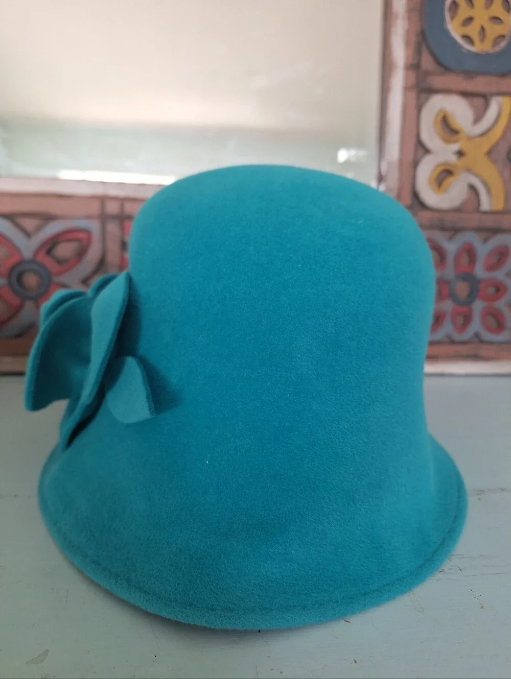 Lord & Taylor Teal Felt Cloche Hat with 3-D Floral Detail